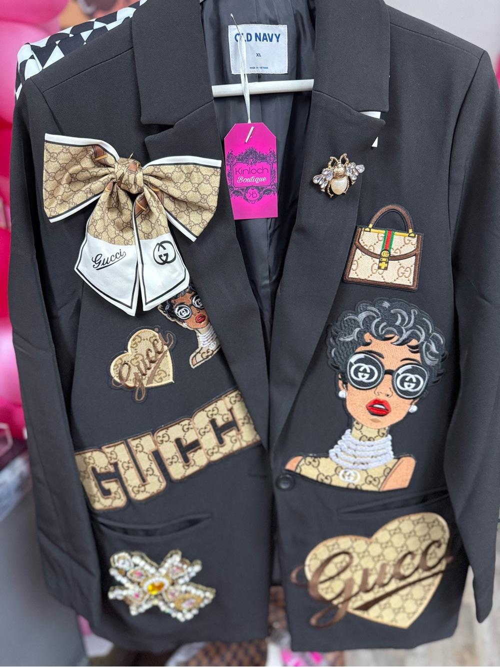New Black Embellished Women's Blazer with Beige Logo Appliqués - Picture 4 of 10